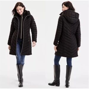 Michael Kors Women’s Puffer Quilted Coat Down Jacket Hooded Gold Zip Black Sz M